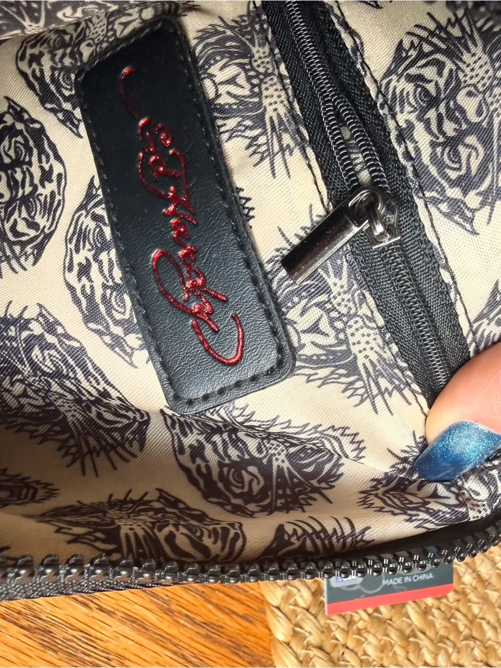 Ed Hardy Black & Gray Graphic Backpack with Multicolor Tattoo Print